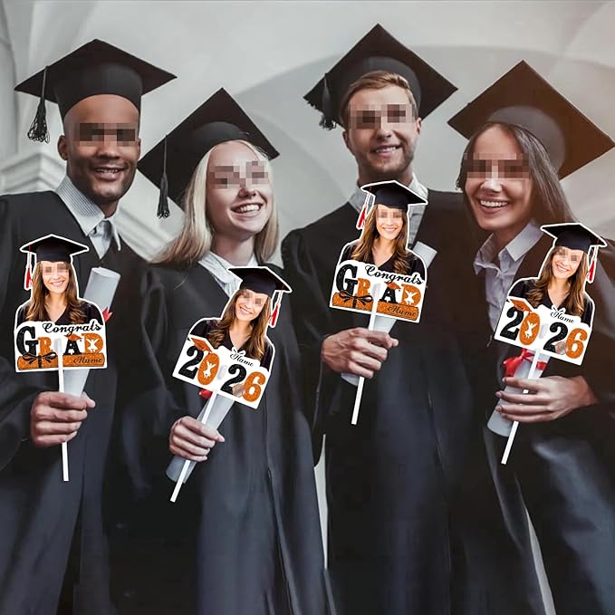 Personalized Graduation Face Fan 2026 Grade Custom Double Sided Face Cutout Fan with Handle Photo Booth Prop Party Supplies(B-Orange and Black,24pcs)