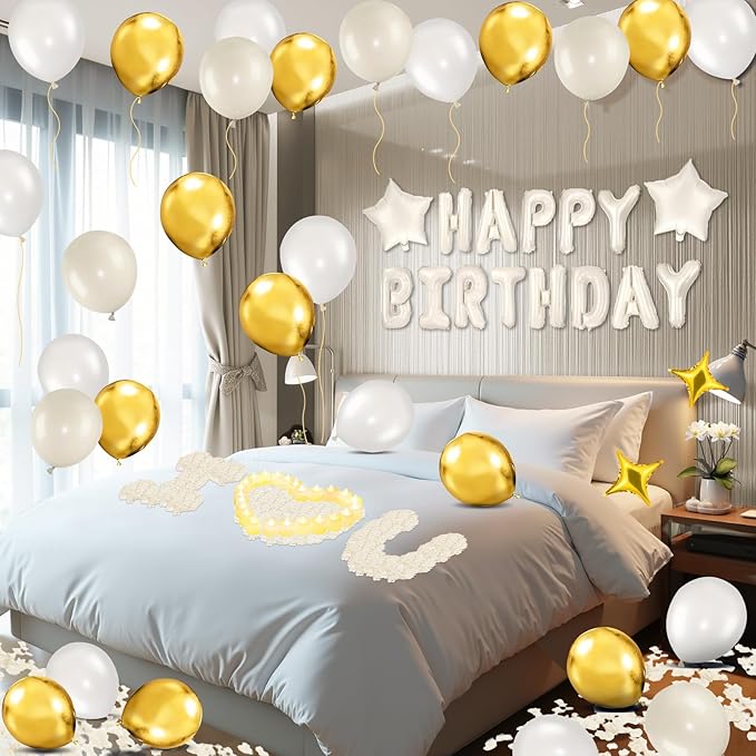 White Gold Happy Birthday Balloons Decorations Cream White Gold Birthday Balloon Letters Banner with 6 Pcs Star Balloons White Artificial Rose Petal 24 Flameless LED Candles for Room Hotel Party Decor
