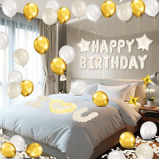 White Gold Happy Birthday Balloons Decorations Cream White Gold Birthday Balloon Letters Banner with 6 Pcs Star Balloons White Artificial Rose Petal 24 Flameless LED Candles for Room Hotel Party Decor