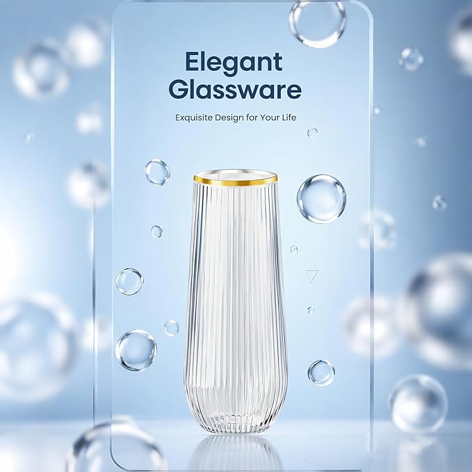 48 Pack Plastic Ribbed Champagne Flutes, 9 Oz Stemless Disposable Gold Rim Clear Plastic Toasting Glasses Shatterproof Recyclable and BPA-Free Perfect For Wedding