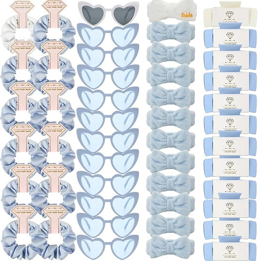 Bridesmaid Scrunchies Proposal Hair claws clips Set of 12 Bridal Shower heart sunglasses Gifts for Wedding Bachelorette Party Favors (48pcs White&Dusty Blue)