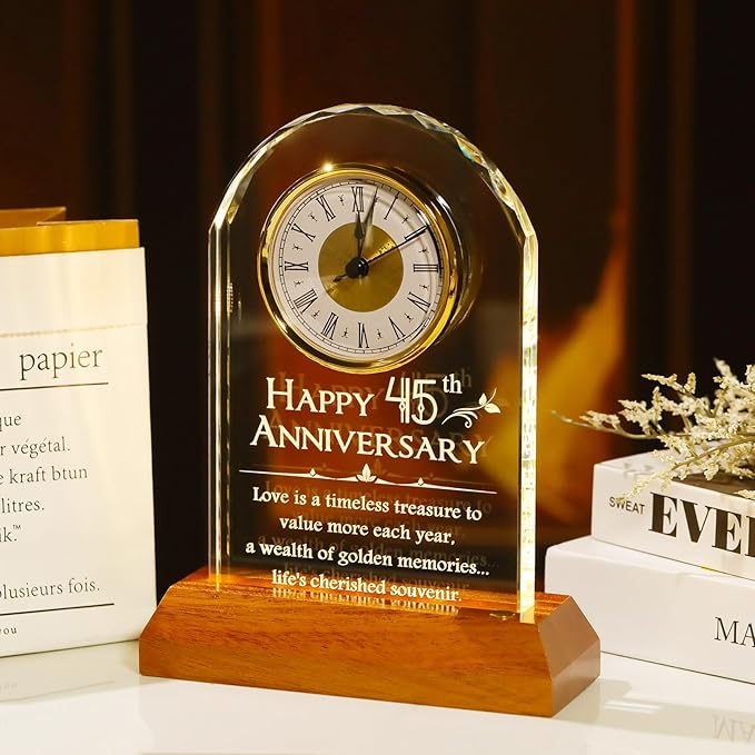 YWHL 45th Wedding Anniversary Clock Gifts for Parents Granddaughters, 45 Years for Couples, Glass Clock Presents with Wooden Light Base for Home Decoration (Battery not Included)