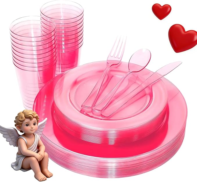 WDF 25 Guest Pink Plates with Pink Plastic Silverware&Pink Cups-Neon Clear Disposable Dinnerware include 50 Plates,25Forks, 25 Knives, 25 Spoons,25 Plastic Cups for Party and Baby Shower