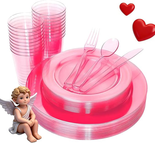WDF 25 Guest Pink Plates with Pink Plastic Silverware&Pink Cups-Neon Clear Disposable Dinnerware include 50 Plates,25Forks, 25 Knives, 25 Spoons,25 Plastic Cups for Party and Baby Shower