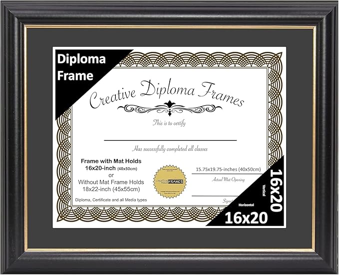 Creative Picture Frames 16" x 20" Rockefeller Black with Gold Rim Diploma Frame, Displays 16" x 20" Certificate or 18" x 22" Document without Mat, College Degree Frame, Full-Strength Glass, Black Mat