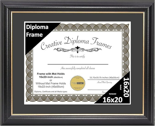 Creative Picture Frames 16" x 20" Rockefeller Black with Gold Rim Diploma Frame, Displays 16" x 20" Certificate or 18" x 22" Document without Mat, College Degree Frame, Full-Strength Glass, Black Mat