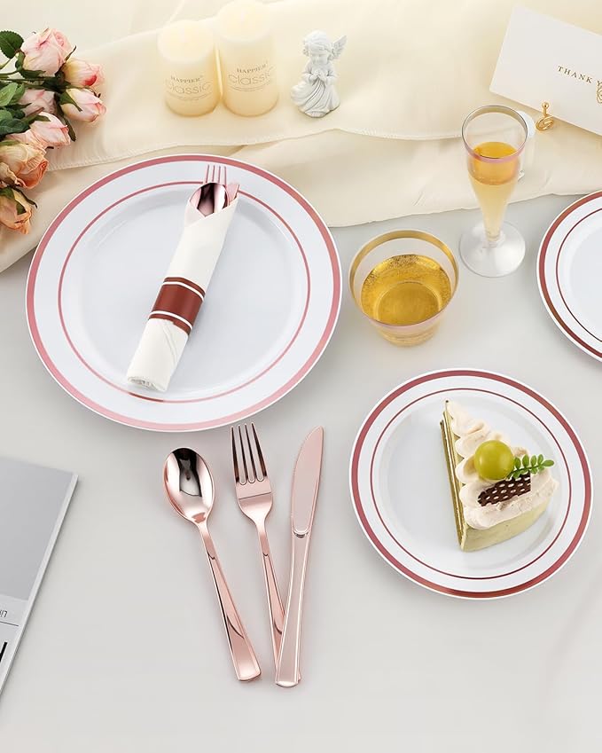 Goodluck 320PCS Rose Gold Disposable Plastic Dinnerware Set for 40Guests, Include 40 Dinner Plates, 40 Dessert Plates, 40 Napkins with Silverware, 40 Cups, 40 Champagne Glasses, for Christmas, Wedding