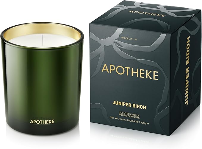Apotheke Signature Scented Candles for Home, Juniper Birch - 10.5 oz - Soy Wax, Non Toxic, Large Jar Green - Luxury Candle Gifts for Women & Men - Clove, White Pepper, Fir Balsam, & Amber