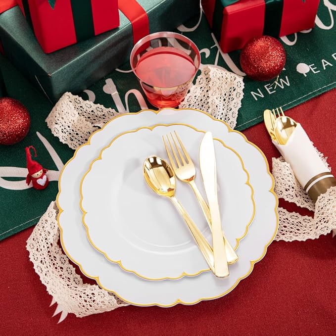 Morejoy 175PCS Gold Plastic Plates，White Gold Disposable Plates with Pre Rolled Napkins:25 Dinner Plates,25 Dessert Plates,25 Spoons,25 Forks,25Knives,25Cups,25Napkins for Party & Christmas