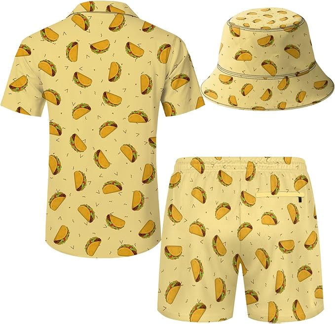 Men's Hawaiian Shirt and Shorts Set 2 Piece Beach Outfits with Bucket Hats for Beach Days and Summer Vibes