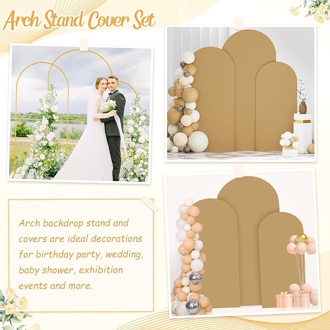 Arch Backdrop Stand and Cover Set 6FT, 6.6FT, 7.2FT Metal, Brown Spandex Arch Backdrop Cover for Wedding, Baby Shower, Banquet Decorations