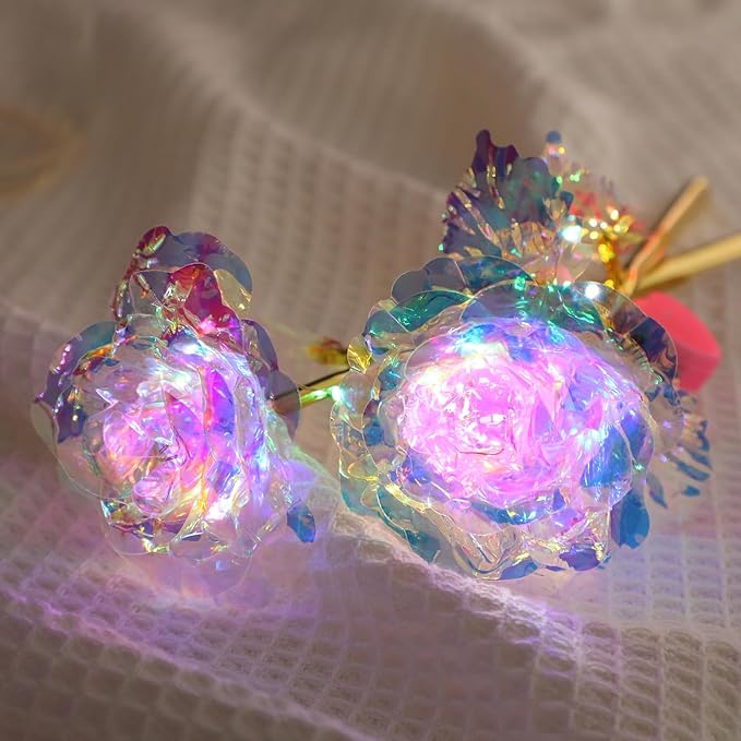 Lyrow 24 Pcs Valentines Galaxy Rose LED Light up Rose Flower Gifts Crystal Artificial Rainbow Flower for Valentine Lover Girlfriend Mom Her Mother's Day Birthday Wedding Gift, 9.84 Inches (White)