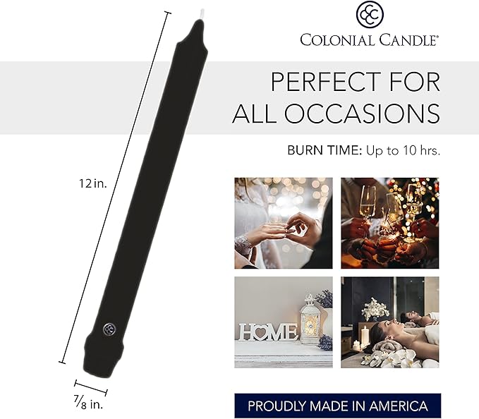 Colonial Candle Unscented Taper Candle, Classic Collection, Black, 12 in, Pack of 12 - Up to 10 Hours Burn