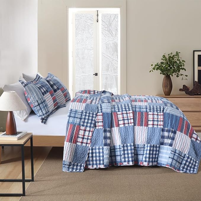 Cotton Bedding Quilt Sets Reversible Real Patchwork Coverlet Sets All Season Blue Bedspread, Plaid Patchwork Pattern,Queen Size