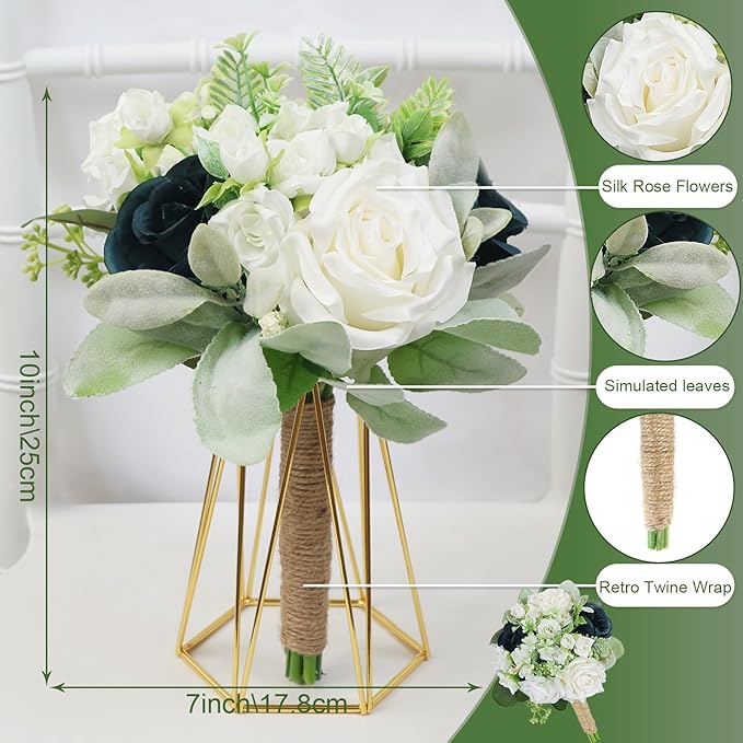 Wedding Bridesmaids Bouquets Set of 6-7 Inch Artificial Flowers Bouquets for Bridesmaids Pre-Made Faux Small Floral Bouquets Bridal Shower, Wedding, Ceremony, Anniversary - White & Teal Blue