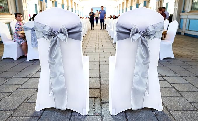 VDS Satin Chair Sashes Chair Cover Back Tie Sateen Bows Ribbon for Wedding Birthday Graduation Engagement Ceremony Event Party Banquet Venue Hotel All Dining Chair Décor (25PC)(Light Silver Grey)