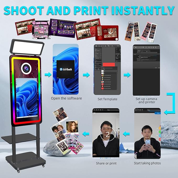 Magic Mirror Photo Booth with Printer, 40in Selfie Mirror Photo Booth with 21.5in Touch Screen with Color Lights, Built-in Mini PC, for Weddings, Parties (Black, with Printer no Camera)