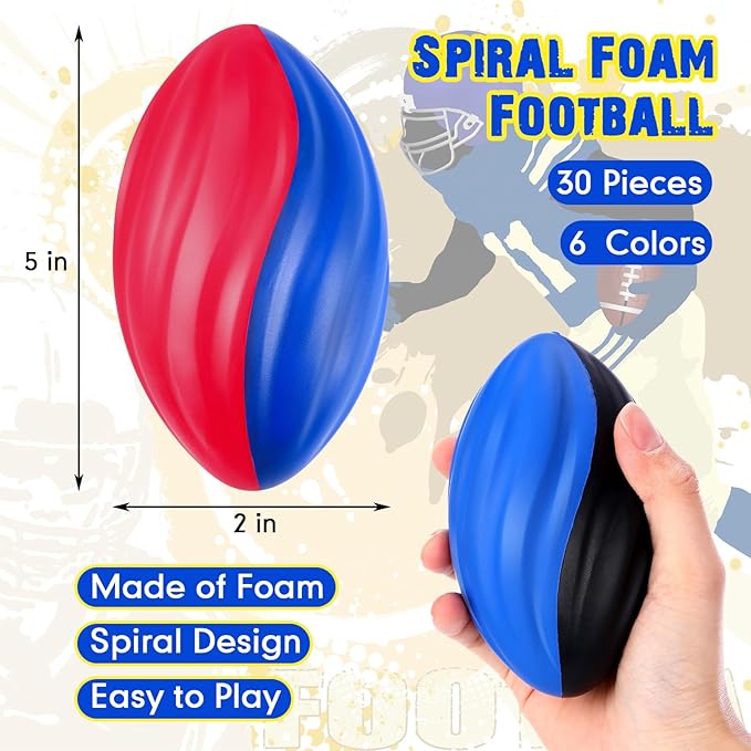 Jerify 30 Pack Mini Footballs Bulk 5 Inch Spiral Foam Football Small Soft Sports Toy for Indoor Outdoor Kids Football Play Game Foot Ball Party Supplies(Bright Color)