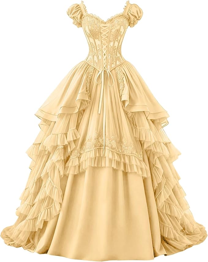 Ftupza Gothic Wedding Dresses Lace Appliques 1800s Victorian Dresses for Women Layered Tulle Prom Dress Long Ball Gown