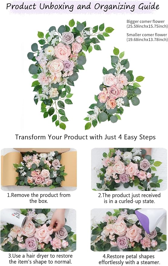 Faux Flowers Wedding Welcome Signs Floral(Pack of 2)，Wedding Arch Flowers Swag for Decorations and Reception Backdrop Decoration (Pink)