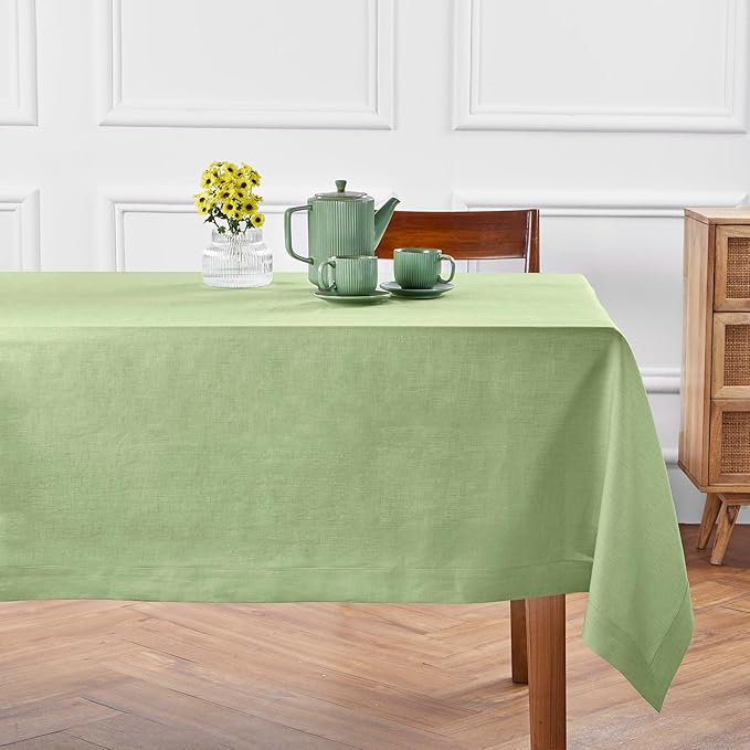 Solino Home Linen Tablecloth 60 x 90 Inch - 100% Pure Linen Laurel Green Table Cloth for Rectangle Tables - Fete, Machine Washable Tablecloth for Spring, Easter, St Patricks Day