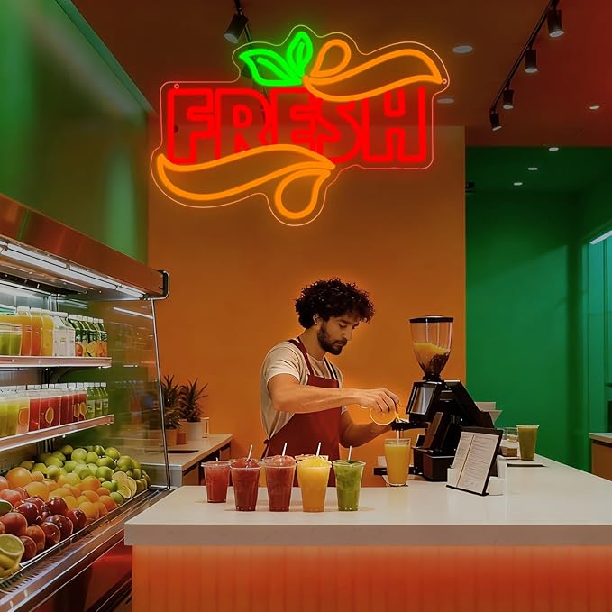 Fresh Neon Sign, Fresh Led Neon Light Signs for Wall Window Store Decor Fruit Store Business Light Up Sign for Fresh Produce Store Coffee Shop Light Bites Restaurant Dimmable USB Powered(16.9"*11.4")