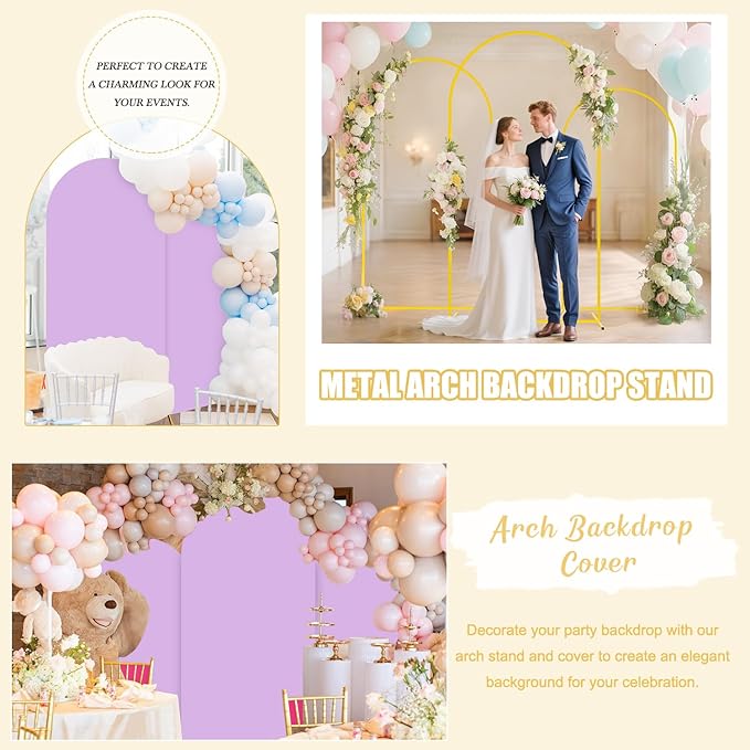 Set of 3 Arch Backdrop Stand and Wedding Arch Cover 6FT, 5FT, 4FT Stable Arches Stand Backdrop Metal Arched Frame Lavender Cover Balloon Arch Stand and Cover Set for Bridal Baby Shower Event Decor