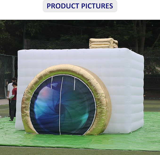 SAYOK Inflatable Photo Booth with Lights, Portable Camera Shaped Cube Tent with Blower, 11.5x9.2x8.2ft (White/Gold), Backdrop for Wedding Events, Parties, Exhibitions