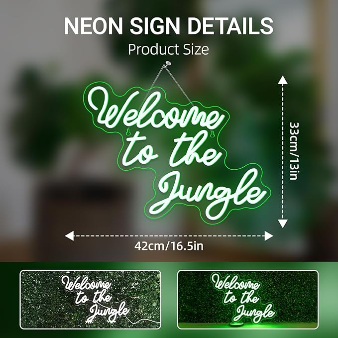 Welcome to the Jungle Neon Sign Jungle Decor Green Led Word Neon Light Signs for Wall Decor Usb Letter Light Up Sign for Garden Home Entryway Front Porch Party Gift