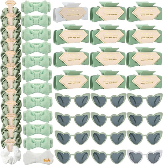 Bridesmaid Scrunchies Proposal Gifts square 4.1inch Bachelorette Hair Claws Clips lady heart sunglasses headband gift for Wedding Party Favors (White&Sage Green 48pcs)