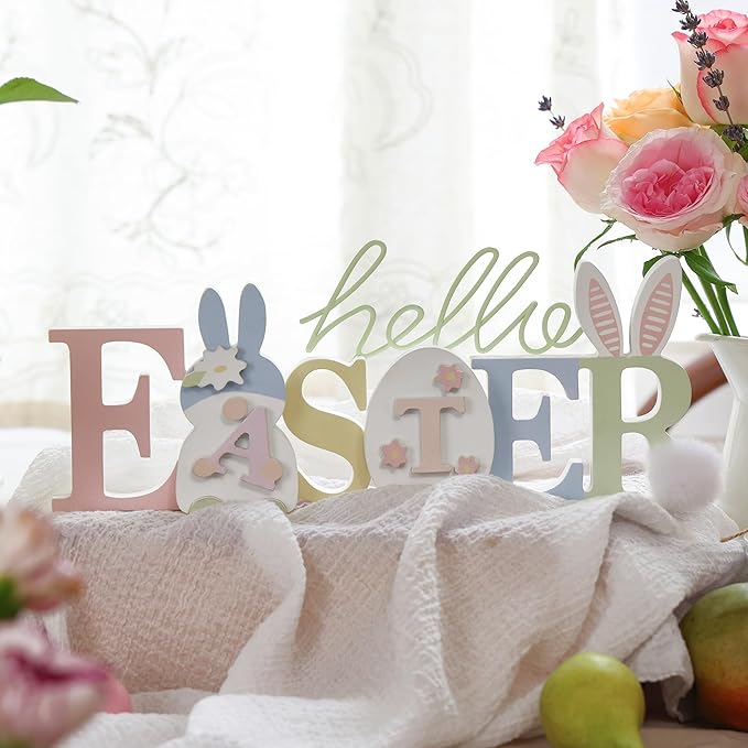 NIKKY HOME Wooden Easter Bunny Sign, Easter Decor for Table, Cute Rabbit Shaped Holiday Decor, Bunny Decorations Centerpiece for Home Mantel Shelf Decorations