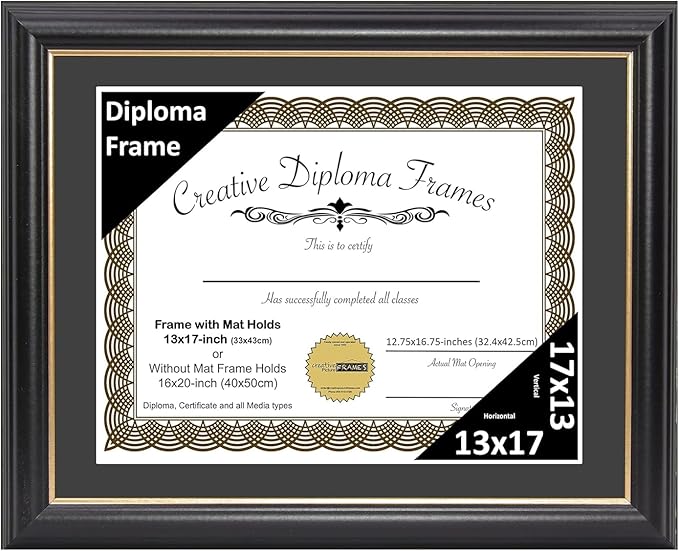 Creative Picture Frames 13" x 17" Rockefeller Black with Gold Rim Diploma Frame, Displays 13" x 17" Certificate or 16" x 20" Document without Mat, College Degree Frame, Full-Strength Glass, Black Mat