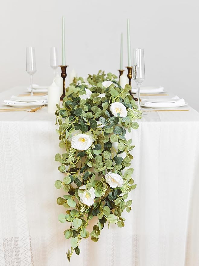 PARTY JOY 2pcs 6.56ft Eucalyptus Garland with Flowers-8 White Roses, Artificial Fake Flowers Greenery Garland Floral Vines for Decoration Party Wedding Table Indoor Outdoor Backdrop Wall Decor(White)