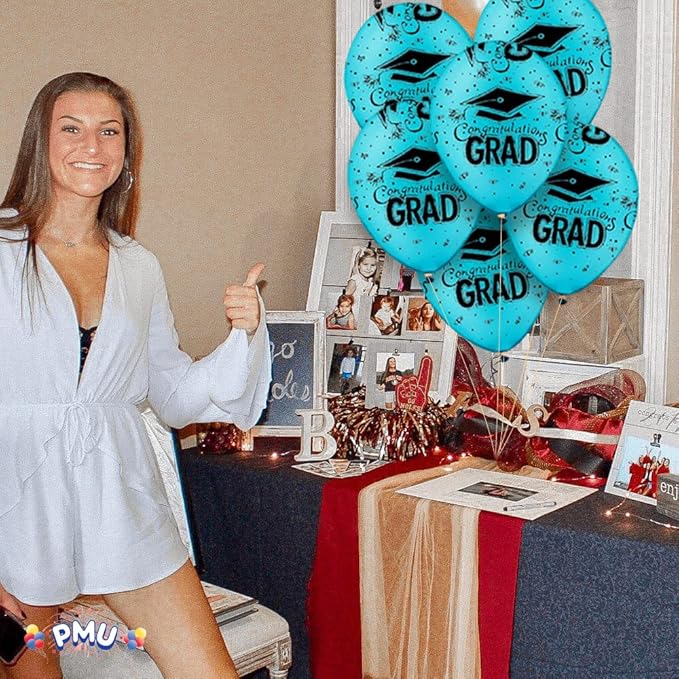 PMU 100 Pcs Turquoise Graduation Balloons Class of 2025 with All-Over Print White Grad Caps-Confetti and Streamers | Graduation Party Supplies | Congratulations Grad Latex Balloons Latex