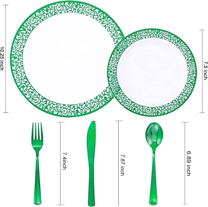 U-QE 150PCS Green St Patricks Day Plates with Plastic Silverware, Green Disposable Plates for 30 Guests Include 30 Dinner Plates, 30 Salad Plates,30 Guests Silverware Perfect for Party