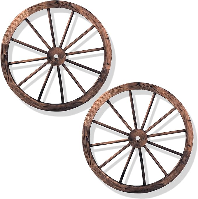 Tangkula 30" Decorative Wooden Wheels Set of 2, Decorative Wall Fir Wood Treated by Carbonization, Vintage Wagon Wheels for Garden, Bar, Restaurant Decoration (2 Pack)