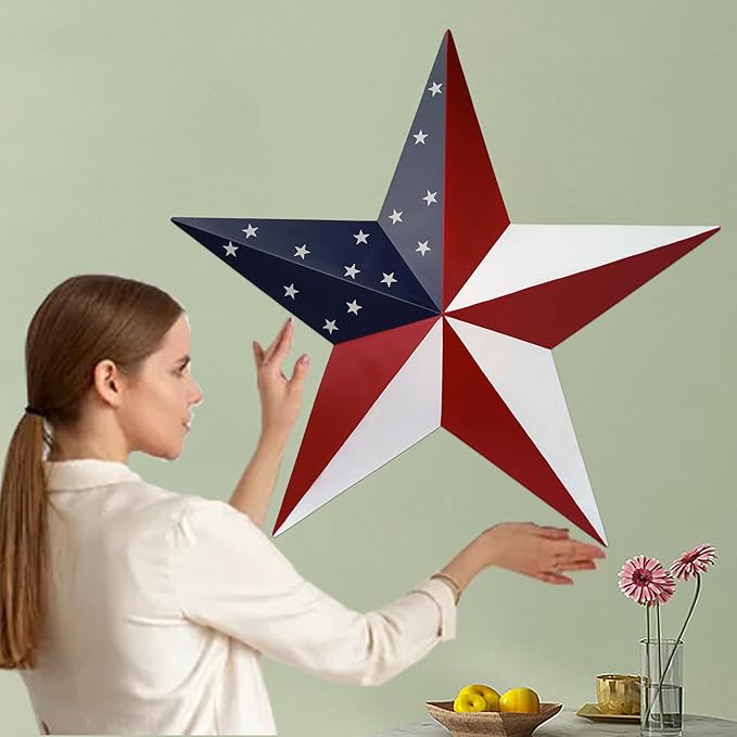 JoyEvy American Barn Star US Flag Stars Indoor Outdoor Decor, Metal Patriotic Star Wall Decoration, Texas Stars for Outside Rustic Vintage Western Country Home Farmhouse Wall Ornament(23.4inch)