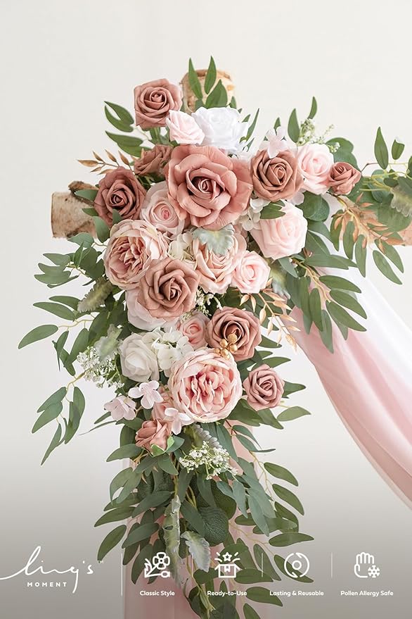 Ling's moment Pink Artificial Wedding Arch Flowers Kit Pack of 4, 2pcs Hanging Flower Arrangement 2pcs Chiffon Drapes Ceremony Reception Spring Silk Rose Arbor Backdrop Floral Garden Outdoor Decor