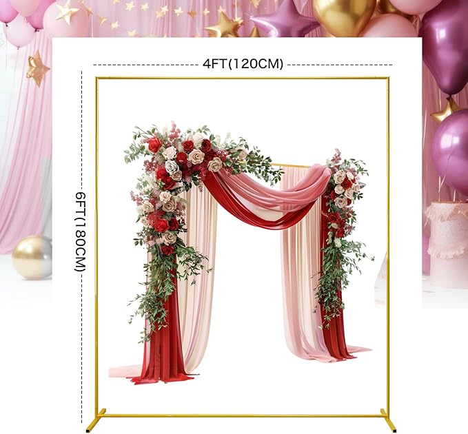 Gold Square Wedding Arch 4FTx6FT Backdrop Stand Metal Balloon Arch Stand Garden Arbor Frame for Wedding Birthday Party Baby Shower Photo Booth Background Decoration