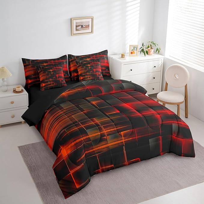 Feelyou Red and Orange Comforter Set with Sheets 7 Piece Twin Size Kids Geometric Bed in a Bag Strip Lines Bedding Set Abstract Art Bed Set with Comforter, Sheets,Pillowcases,Cushion Covers