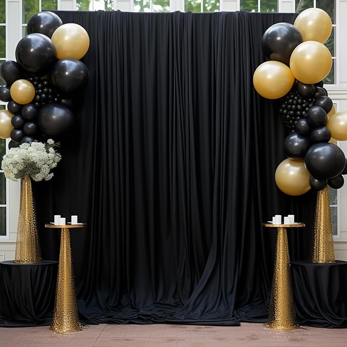 50ft x 10ft Wrinkle Free Black Backdrop Curtain for Parties, 10 Panels Silky Polyester Black Weddings Drapes for Backdrop 10 ft Photo Back Drop Cloth for Birthday Graduation Photography Background