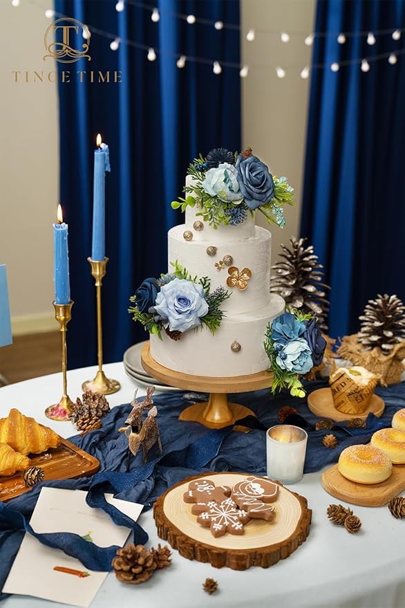 TINGE TIME 3Pcs Wedding Cake Topper Pre-made Set, Navy Blue Artificial Wedding Cake Flower for Reception & Anniversary, Silk Floral Wedding Toppers for Cake, Valentines Cake Topper Decorations