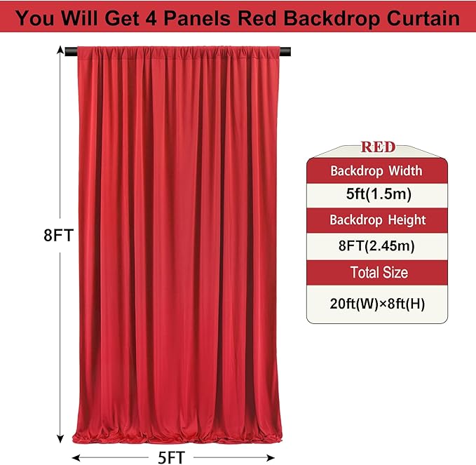 20ft×8ft Wrinkle Free Red Backdrop Curtain for Party, 4 Panels 5×8ft Thick Silky Polyester Red Photo Backdrop Drapes Curtains for Birthday Baby Shower Themed Parties Wedding Photography