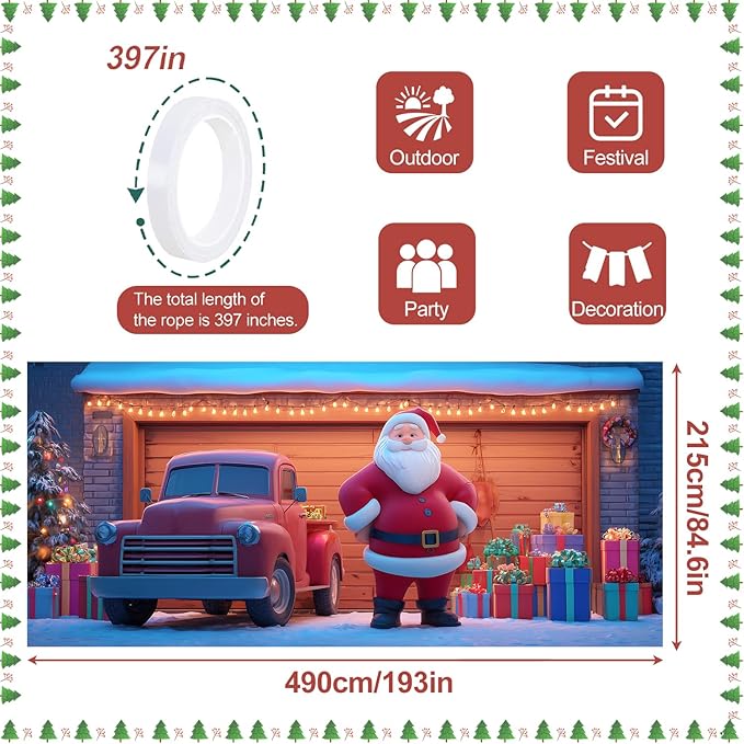 Santa and Truck Christmas Garage Door Banner 7x16FT, Holiday Scene with Santa, Gifts, and Vintage Truck, Large Outdoor Xmas Decoration for Garage Doors