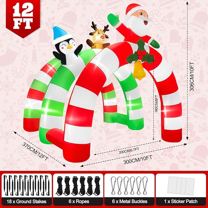 12FT Christmas Inflatable Archway with LED Light, Kalolary Santa Elk Inflatable Tunnel Stereoscopic Xmas Penguin Arch Inflatables Christmas Blow up Outdoor Decoration for Yard Lawn Party Shopping Mall