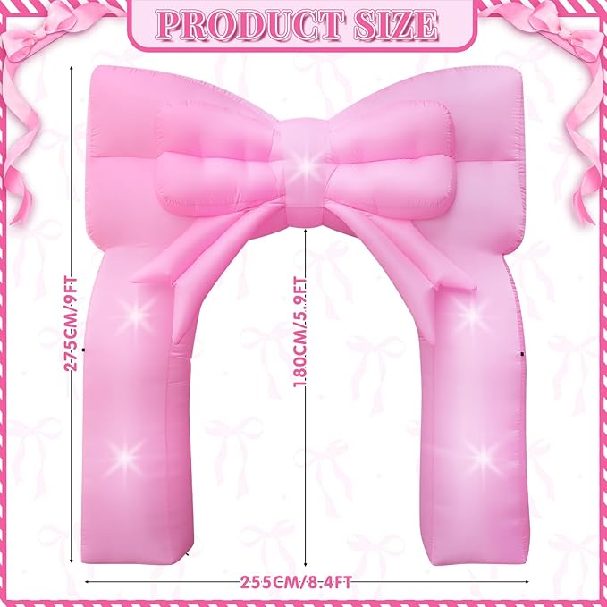 9FT Pink Bow Inflatable Arch Outdoor Decorations Giant Blow-up Pink Bow Arch Built-in 5 LED Lights for Birthday Party Decor Wedding Bachelorette Bridal Coquette Supplies for Women Yard Garden Lawn