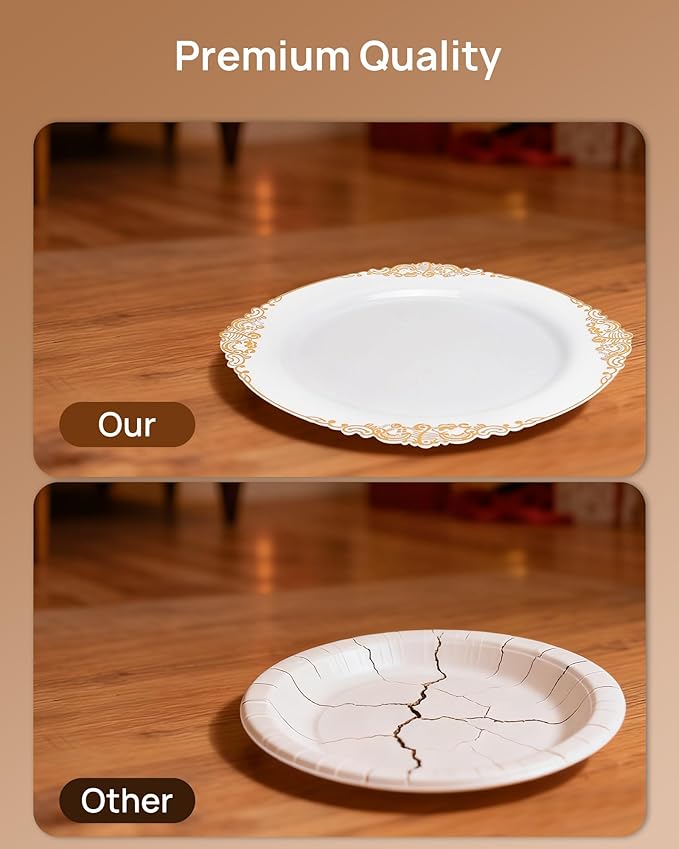 Feagar 175PCS Disposable Plates Set for 25 - Elegant Gold Dinnerware for Party, Wedding, Holiday & Birthday, Includes Dinner & Dessert Plates, Cutlery, Cups, Napkins, Tablecloth & Balloon Decor