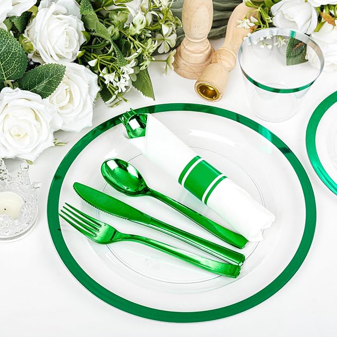 I00000 350 Pcs Green Plastic Plates-Clear Dinnerware Set for Party,Include 100 Dinner and Dessert Plates,50 Plastic Cups 9 OZ,50 Per Rolled Napkins with Cutlery for St. Patrick's Day