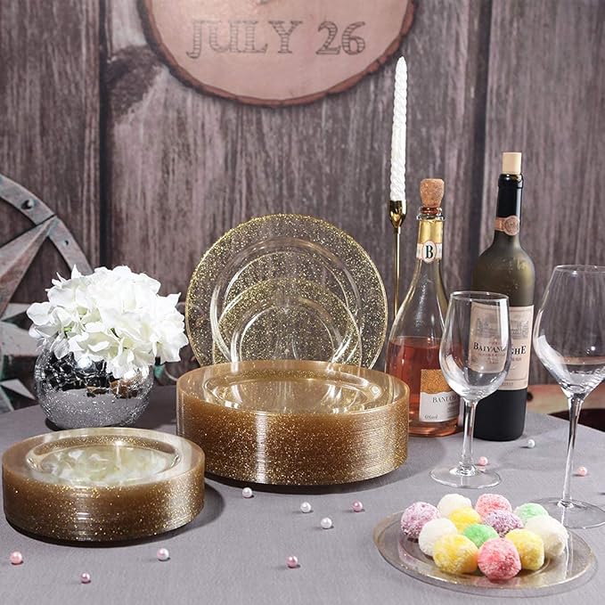 I00000 150PCS Gold Disposable Plates Silverware, Gold Glitter Dinnerware Set Include 25 Dinner Plates 10.25’’, 25 Dessert Plates 7.5’’, 25 cups 10 OZ, 25 Forks, 25 Knives, 25 Spoons for Wedding,Party
