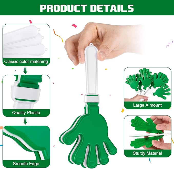 Junkin 200 Pcs Hand Clappers Bulk 7. 5 x 3. 5 Inches Noise Makers Party Favors Clapping Noise Maker Clacker for Birthdays Game Prizes Rewards Football Sporting Events Cheers Supplies (Green White)